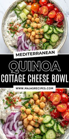 two bowls filled with different types of food and the words mediterranean quinoa cottage cheese bowl