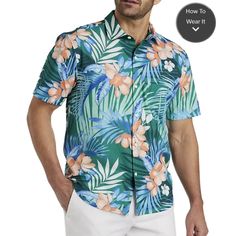 Tommy Bahama Coast Jungle Royale Islandzone Short-Sleeve Shirt When It's A Jungle Out There, Reach For An Easy-Breathing Short-Sleeve Shirt That Puts Your Bold Style On Display. With A Lightweight Fabric That Helps You Feel Cool, This Shirt Takes You Relaxation To The Next Level With Ease. 83% Recycled Polyester, 17% Spandex. Machine Wash Cold With Like Colors On Gentle. Do Not Use Fabric Softener. Non-Chlorine Bleach. Tumble Dry Low. Cool Iron. Do Not Dry Clean. Short-Sleeve Shirt With Stretch. Green Fitted Shirt For Beach, Fitted Blue Shirt For Vacation, Fitted Tropical Shirt For Vacation, Fitted Tropical Short Sleeve Shirt, Fitted Floral Print Shirt For Vacation, Blue Hawaiian Short Sleeve Shirt For Spring, Fitted Hawaiian Shirt For Spring, Green Tropical Shirt For Spring, Fitted Printed Short Sleeve Shirt For Vacation