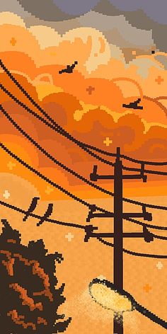 an image of birds flying in the sky over power lines and telephone poles with sunset behind them