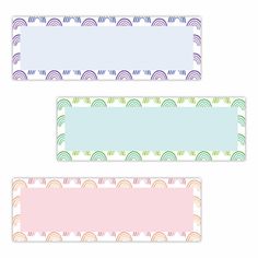 three pastel rainbow name tags with wavy lines on the front and back of them