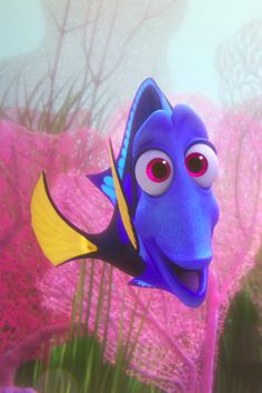 an animated blue fish with big red eyes swimming in the water near pink algaes