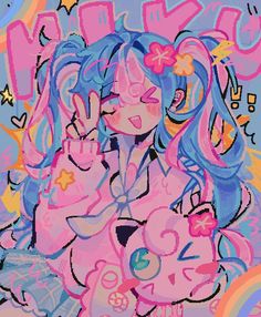 an abstract painting of a woman with blue hair and pink dress holding a teddy bear