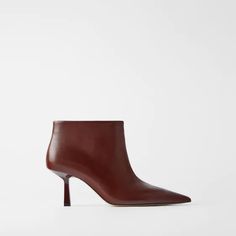 New With Tag. Burgundy Red - 1103/510 . Burgundy Leather Mid-Heel Ankle Boots. Leather Upper. Pointed Toe. Heel Height: 7 Cm. / 2.7″. Elegant Ankle-high Burgundy Heels, Elegant Burgundy Ankle-high Heels, Red Pointed Toe Heeled Boots For Work, Red Pointed Toe Boots For Work, Red High Heel Office Boots, Red Heeled Boots For Workwear In Fall, Red Heeled Boots For Work In Fall, Elegant Brown Heeled Boots By Zara, Chic Burgundy Ankle Boots