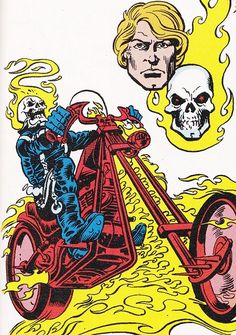 a man riding on the back of a motorcycle next to a skull and flamey background