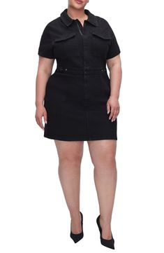 A leg-flaunting take on the Fit for Success jumpsuit, this workwear-style minidress is made from superstretchy denim that sculpts every curve. 32" length (size Medium) Spread collar Short sleeves Unlined 72% cotton, 25% recycled cotton, 2% elasterell-p, 1% elastane Machine wash, tumble dry Imported Black Owned/Founded Fitted Black Denim Mini Dress, Black Denim Dress With Button Closure, Black Knee-length Cotton Denim Dress, Non-stretch Cotton Denim Dress In Medium Wash, Workwear Style, Non-stretch Medium Wash Denim Dress With Button Closure, Workwear Fashion, Good American, Recycled Cotton