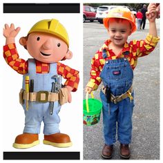 two pictures of children in construction costumes