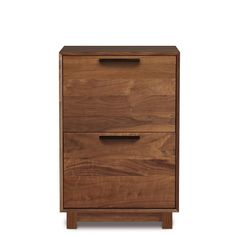 a wooden cabinet with two drawers on one side and an open drawer on the other