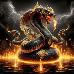 a snake is sitting on top of a body of water with lightning in the background