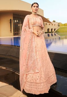 Peach Traditional Designer Lehenga Choli Peach Lehenga, Dori Work, Mehendi Outfit, Net Blouse, Net Blouses, Lehenga Online, Net Lehenga, Lehenga Choli Online, Pink Lehenga