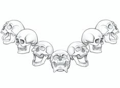 five skulls with different facial expressions on their faces, all lined up in a row