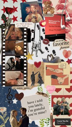 a collage of photos and words with hearts, stars, flowers, and music notes