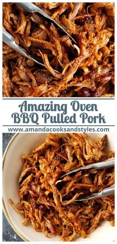 pulled pork in a bowl with tongs and bbq pulled pork on the side