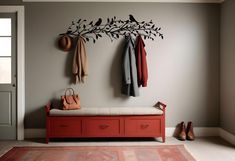 a red bench sitting in front of a coat rack