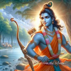 lord rama with bow and arrow in his hands standing next to water, surrounded by trees