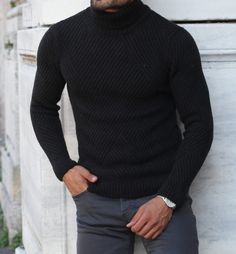 Marina Black Turtleneck Wool Sweater – brabion Turtleneck Outfits, Stylish Knitwear, Smart Jackets, Wool Sweater Men, Slim Fit Sweater, Fitted Turtleneck, Jackets Men Fashion, Boys Dpz, Wool Turtleneck