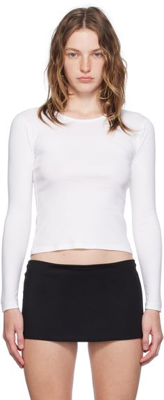 Cotton jersey T-shirt. Rib knit crewneck. Supplier color: White Fitted Long Sleeve T-shirt With Ribbed Neckline, Ribbed Fitted Crew Neck Top, Basic Fitted Crew Neck T-shirt, Fall T-shirt With Ribbed Crew Neck, Fall Crew Neck T-shirt With Ribbed Neckline, Spring Crew Neck Top With Ribbed Detail, White Fitted Top T-shirt For Fall, Spring Ribbed Crew Neck Top, Everyday Fitted Crew Neck Top