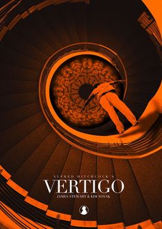 the poster for vertigoo shows a man walking down a spiral staircase