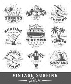 Set of Vintage Surfing Labels Elements For Design, Vintage Surfing, Surf Logo, Kombi Home, Vintage Logos, Surf Trip, Vintage Surf, Free Illustration, Creative Sketches