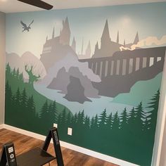 a room with a large mural painted on the wall