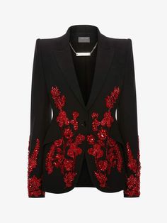 Denim Jacket Embroidery, Jacket Formal, Blazers Black, Embroidery Jacket, Alexander Mcqueen Fashion, Mcqueen Fashion, Salwar Kamiz, Lapel Jacket, Jacket Denim