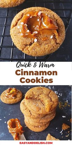 an image of cookies with caramel on top and the words quick & warm cinnamon cookies below