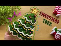 crochet christmas tree ornament and ornaments on a wooden table with text