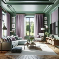 a living room with green walls and purple curtains