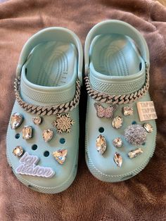 #crocs Crocs With Chain, Blue Crocs With Charms, Crocs Inspo Charms, Blue Crocs With Jibbitz, Crocs Decor Ideas, Crocs Charms Aesthetic, Croc Colors, Crocs Colors, Croc Inspiration