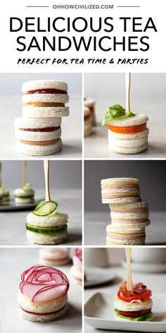 four different pictures of sandwiches with pickles on them and the words delicious tea sandwiches