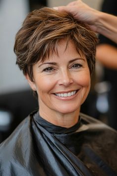 Caramel Hair Pixie, Short Spikey Haircut For Women, Caramel Pixie Haircut, Short Hairstyles For Women With Thick Hair Over 60, Funky Pixie Cut For Thick Hair, Short Hairstyle Women With Thick Hair, Short Haircuts For Fine Hair Over 50, Layered Pixie Cut With Bangs, Sassy Pixie Haircut