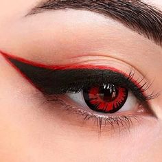 Akatsuki Acrylic Nails, Makeup Looks With Red Eyeliner, Easy Red And Black Eyeshadow Looks, Ninja Makeup Halloween Eye, Red And Black Eyeliner Looks, Black And Red Graphic Liner, Naruto Makeup Inspired, Itachi Makeup, Black And Red Eyeliner