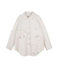 100% cotton 3D-flower White Cotton Outerwear With Floral Print, Oversized Off White Outerwear For Spring, Spring Cotton Outerwear With Floral Applique, Fall Cotton Outerwear With Floral Applique, White Cotton Spring Outerwear, Embellished Shirt, Clothing Designs, Floral Jacket, Clothes Women