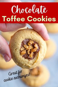 chocolate toffee cookies with text overlay that reads, chocolate toffee cookies great for cookie exchangeers