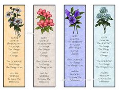 four bookmarks with flowers on them and the words in each one are different colors