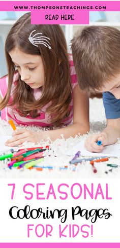 two children are laying on the floor with their coloring pages and pencils in front of them