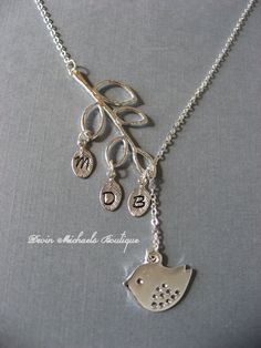 Mothers Day Personalized Mothers Day Necklace, THREE Leaf Initial Necklace, Silver Lariat Bird and B