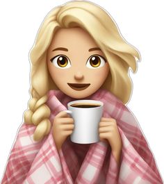 a woman wrapped in a blanket holding a cup of coffee