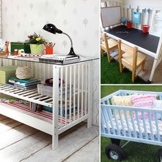 three pictures of different types of baby cribs in various stages of being used