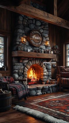 a living room filled with furniture and a fire place in the middle of a fireplace