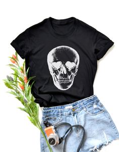 ✿ WELCOME TO MY SHOP ✿ More Shirt ► https://www.etsy.com/shop/igetherproject Material : Cotton 100% Sleeve length : Short sleeve Women Fit. Printed with eco-friendly water-based inks. Quality: Premium T-Shirt ** Size : T-shirts Asia fits, please ensure size before purchase on listing, ** After washing, there may be a slight shrinkage of about 1 inch of the shirt. ■ WASHING INSTRUCTIONS ■ Turn garment inside out. Hand wash. Lay flat to dry. Do not bleach/dry-clean Do not iron directly onto the pr Alternative Skull Graphic Print T-shirt, Band Merch Crew Neck Top With Skull Print, Punk Skull Print T-shirt For Summer, Edgy Skull Graphic Print T-shirt, Crew Neck Skull Print Band Merch Top, Crew Neck Skull Print Top Band Merch, Edgy Halloween T-shirt With Screen Print, Grunge Style Fan Merchandise Top With Front Print, Grunge Top With Front Print For Fan Merchandise