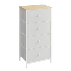 a white dresser with three drawers and two wooden top shelves on one side, against a white background