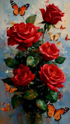 a painting of roses and butterflies in a vase