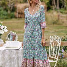 Women Dress Fitted Boho Dress With Floral Print For Spring, Fitted Boho Dress For Spring Garden Party, Fitted Boho Dress With Floral Print For Garden Party, Spring Boho Midi Dress For Garden Party, Spring Garden Party Boho Midi Dress, Elegant Boho Midi Dress For Spring, Fitted Boho Dress For Spring Brunch, Bohemian Mid-length Dress For Brunch, Fitted Boho Dress For Spring