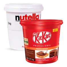 two buckets of nutellad products sitting next to each other on a white background