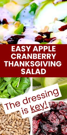 the words easy apple cranberry thanksgiving salad are in red, white and green