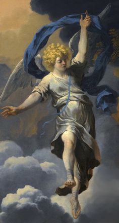 a painting of an angel flying through the sky