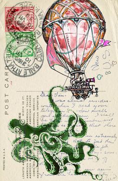 an old postcard with a hot air balloon in the sky and writing on it