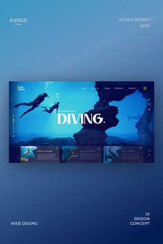 the website design for diving is displayed on a blue background with an image of two people swimming