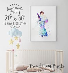 a baby's room with a crib and wall decals