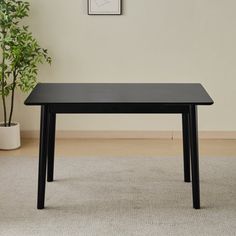 a black table sitting on top of a carpeted floor next to a potted plant